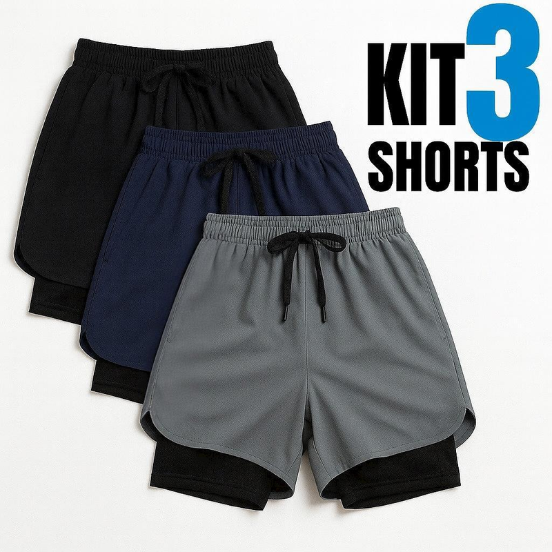 Kit 3 Shorts 2 em 1 Iron Bull Dry Masculino Corrida e Academia com Forro de Compressão